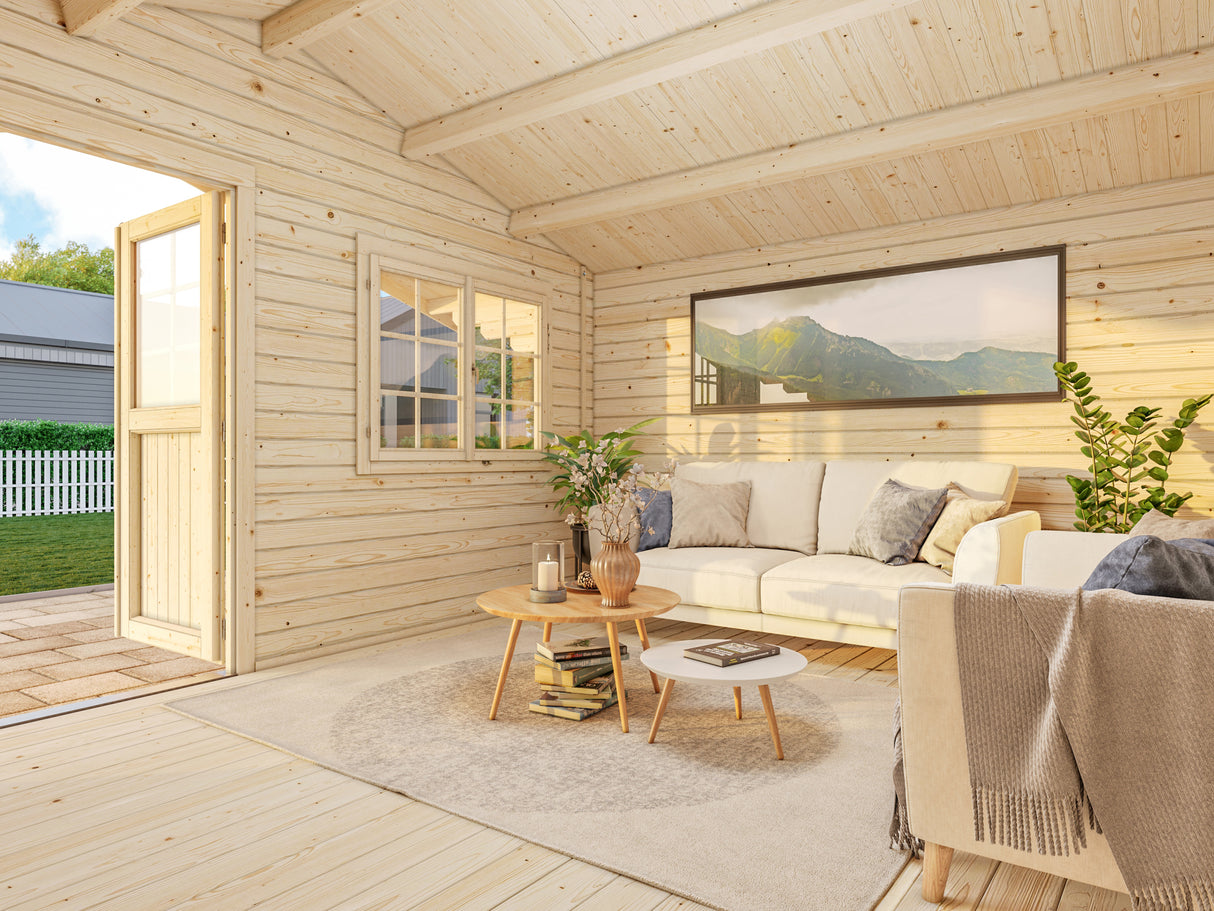 Sally L (4,7x3,8m | 15,5m² | 44mm) Moderni pihamökki harjakatolla