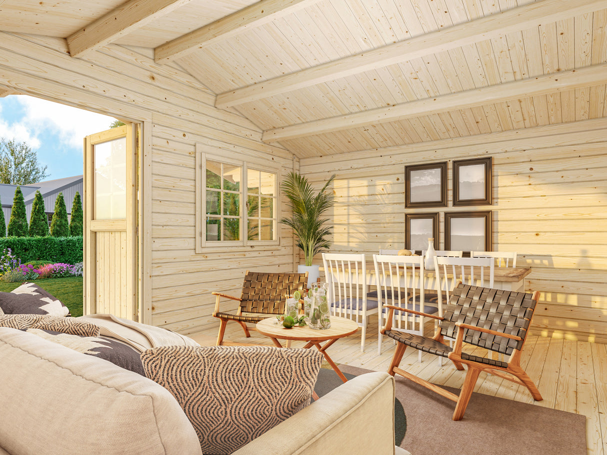 Sally XL (5,3x4,1m | 19,1m² | 44mm) Tilava pihamökki harjakatolla