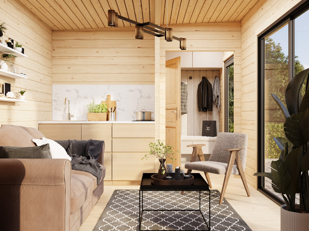 Cecilia S (5,2x3,3m | 14,2m² | 70mm) Kaksihuoneinen moderni kesämökki alumiiniovilla ja -ikkunoilla