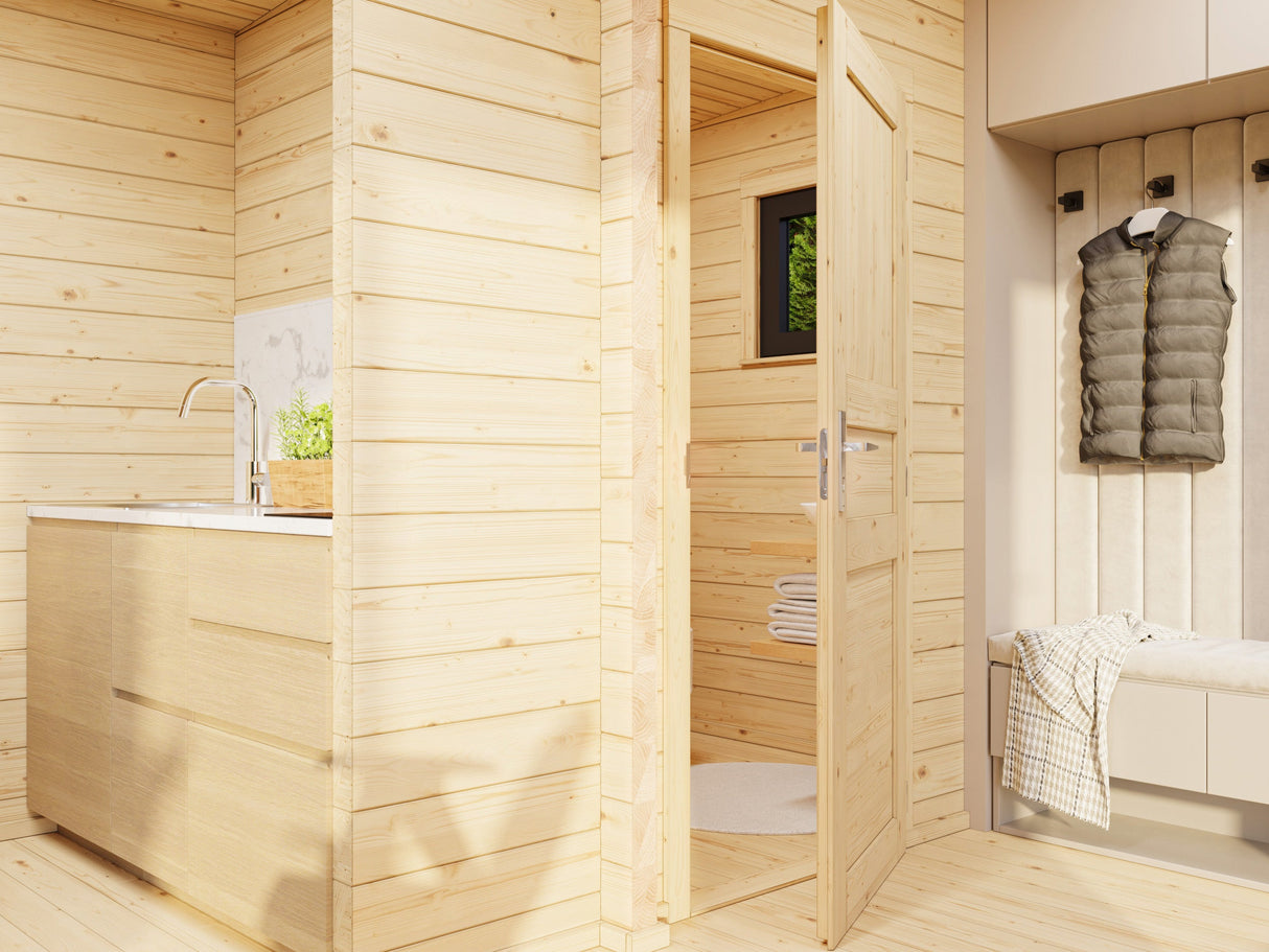 Cecilia S (5,2x3,3m | 14,2m² | 70mm) Kaksihuoneinen moderni kesämökki alumiiniovilla ja -ikkunoilla