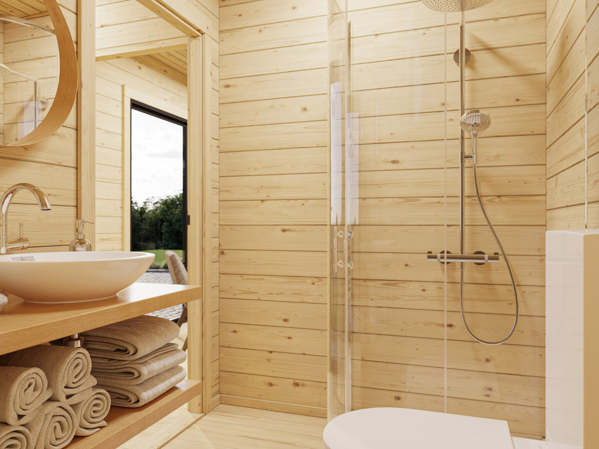 Cecilia S (5,2x3,3m | 14,2m² | 70mm) Kaksihuoneinen moderni kesämökki alumiiniovilla ja -ikkunoilla