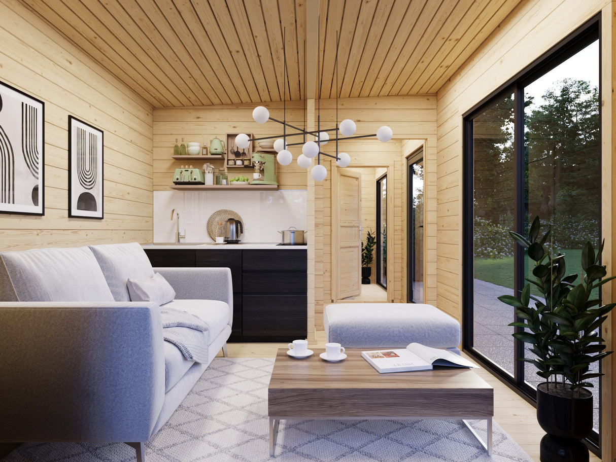 Cecilia M (7,8x3,3m | 21,8m² | 70mm) Kolmehuoneinen moderni kesämökki alumiiniovilla ja -ikkunoilla