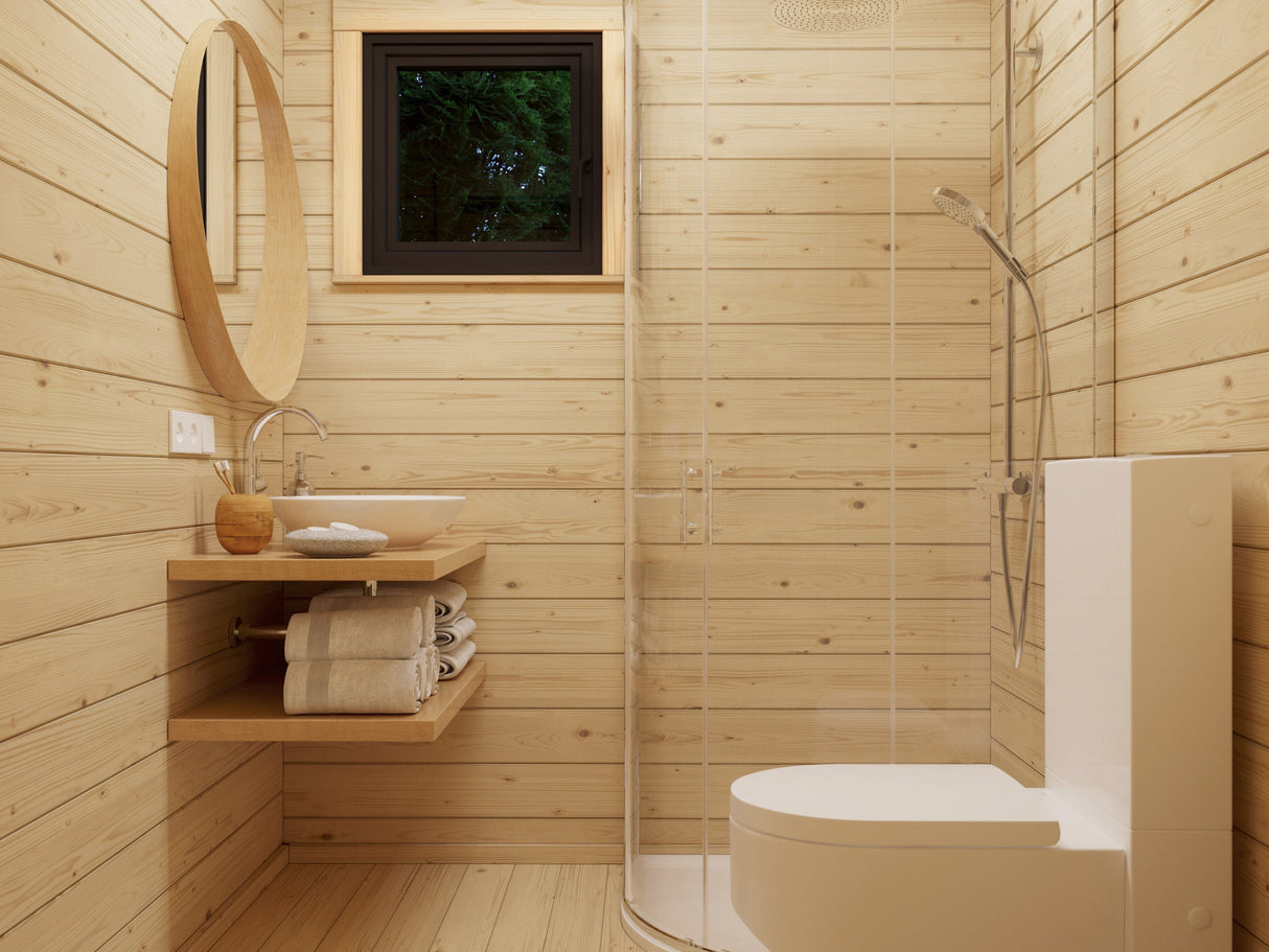 Cecilia M (7,8x3,3m | 21,8m² | 70mm) Kolmehuoneinen moderni kesämökki alumiiniovilla ja -ikkunoilla