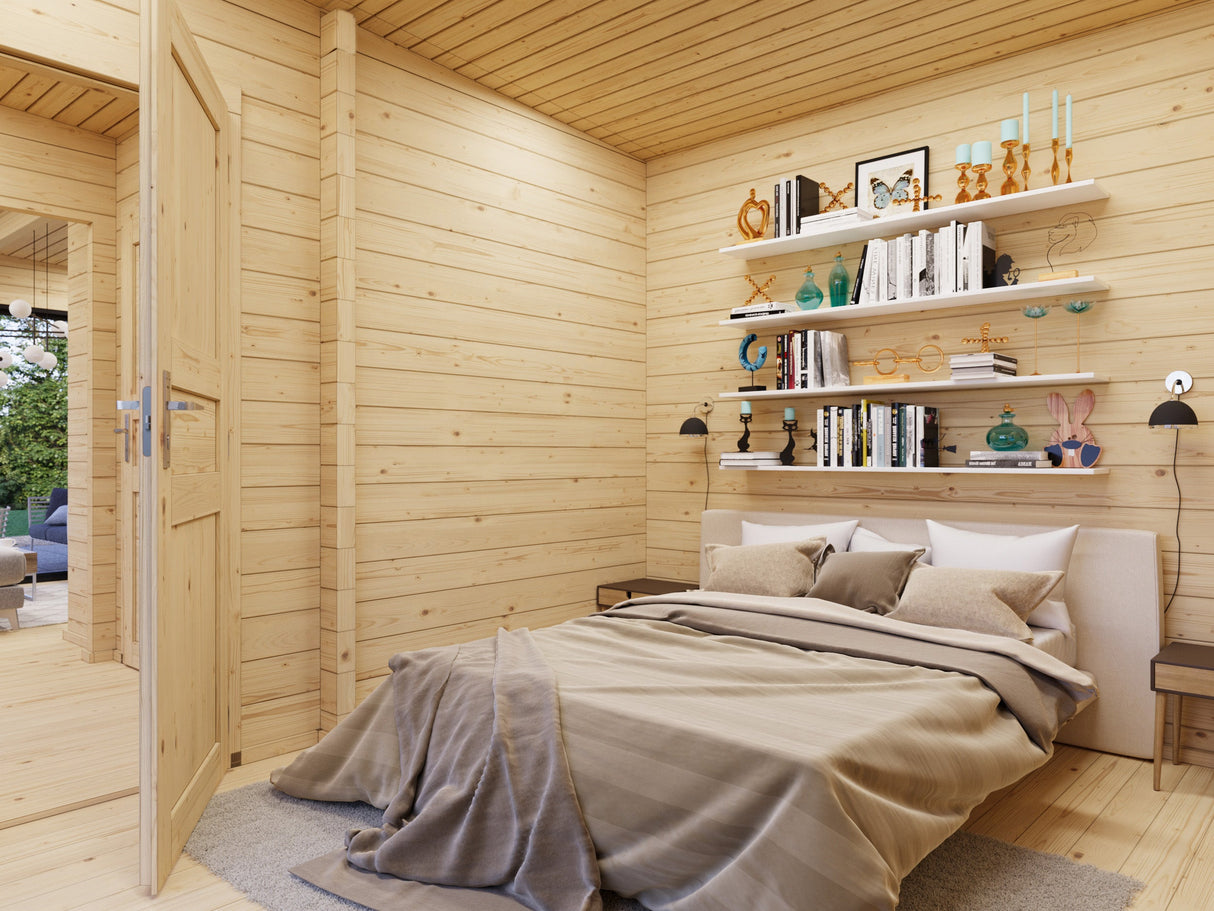 Cecilia M (7,8x3,3m | 21,8m² | 70mm) Kolmehuoneinen moderni kesämökki alumiiniovilla ja -ikkunoilla