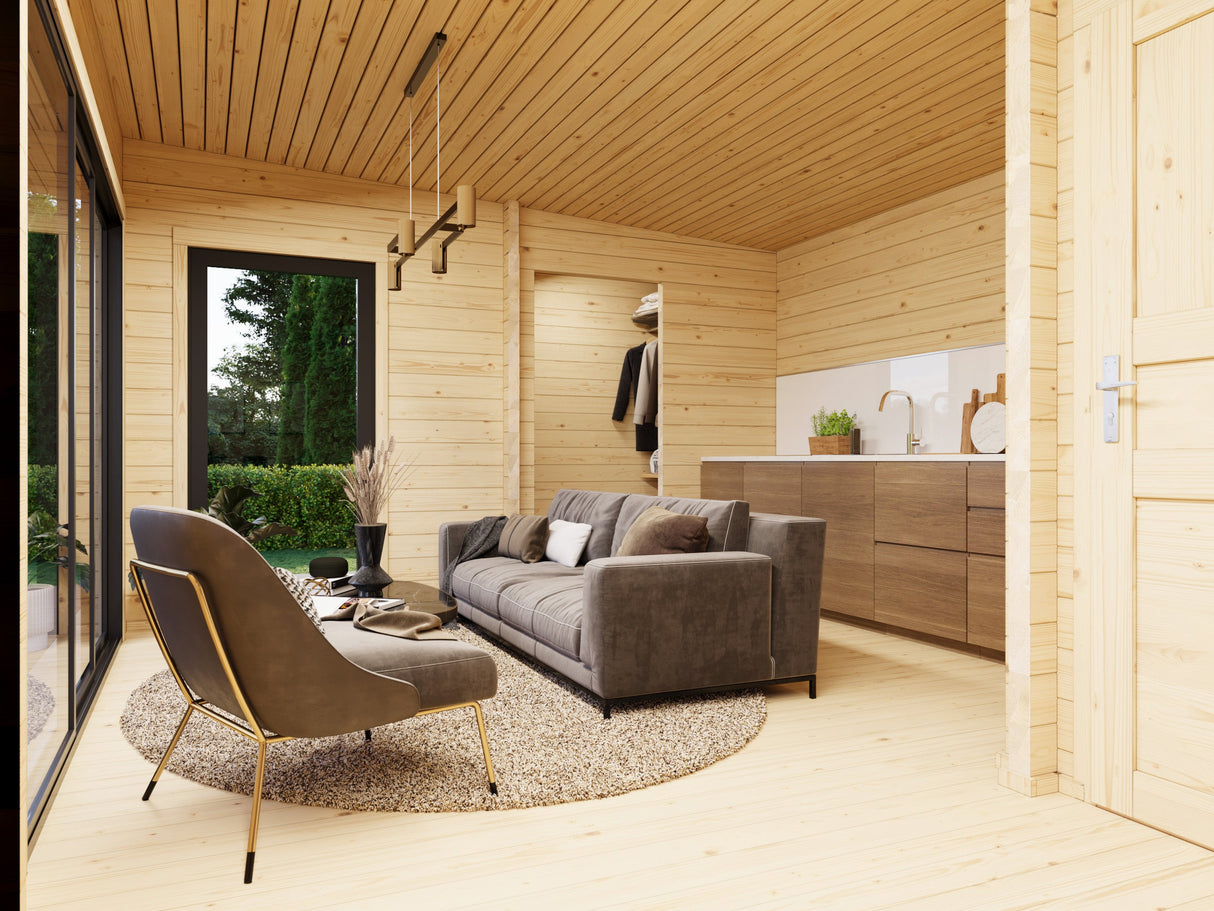 Cecilia XXL (9,1x4,4m | 32m² | 70mm) Tilava 3-huoneinen moderni kesämökki alumiiniovilla ja -ikkunoilla