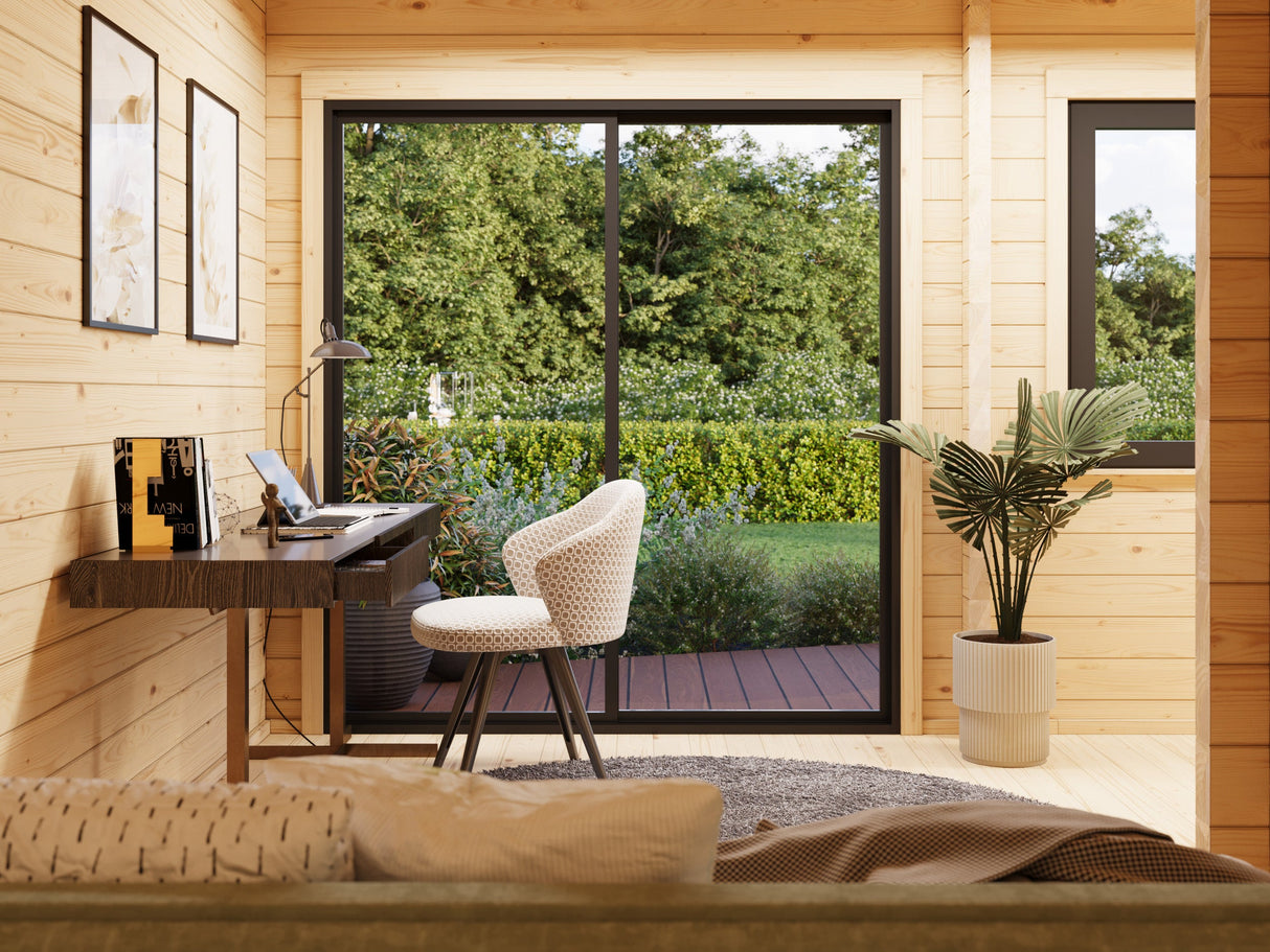 Cecilia XXL (9,1x4,4m | 32m² | 70mm) Tilava 3-huoneinen moderni kesämökki alumiiniovilla ja -ikkunoilla