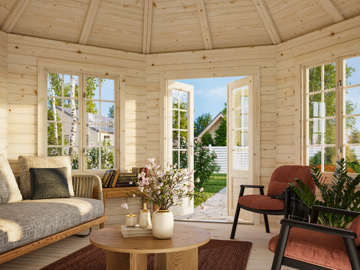 Hanna (4,2m halkaisija | 14,1m² | 44mm) Kahdeksankulmainen kesämökki-huvimaja