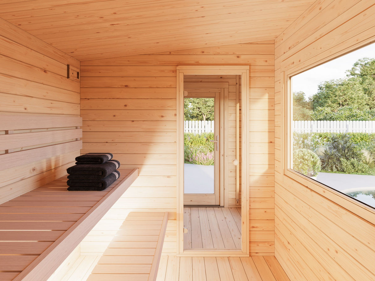 Sanna M (3,7x2,3m | 6,8m² | 44mm) Moderni pihasauna pukuhuoneella