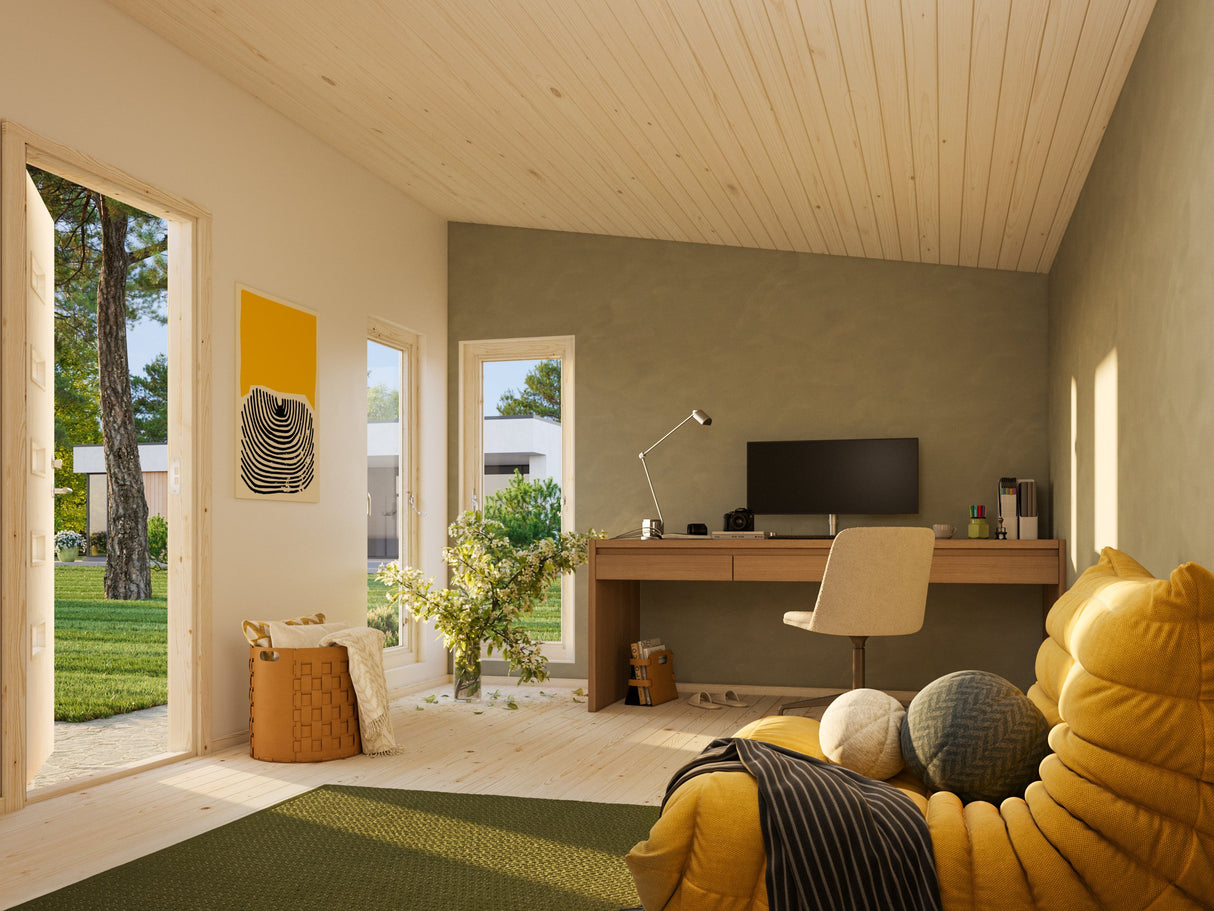 Etta (4,5x3,3m | 13,6m²) Moderni pulpettikattoinen vierasmaja-puutarhatoimisto