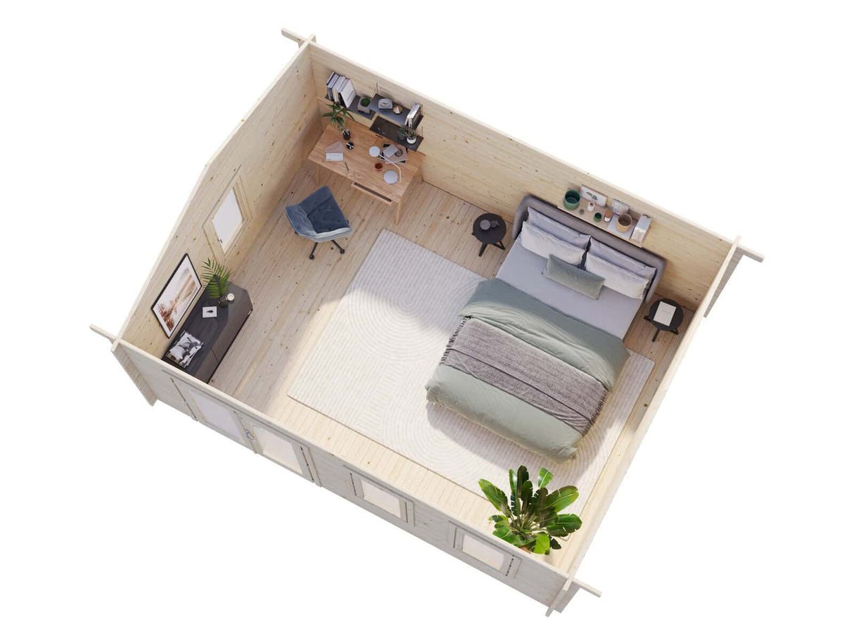 Iris L (5,3x4,1m | 19,1m² | 44mm) Kesämökki kaksinkertaisilla laseilla ja kaksoisovilla (2024 päivitetty malli)