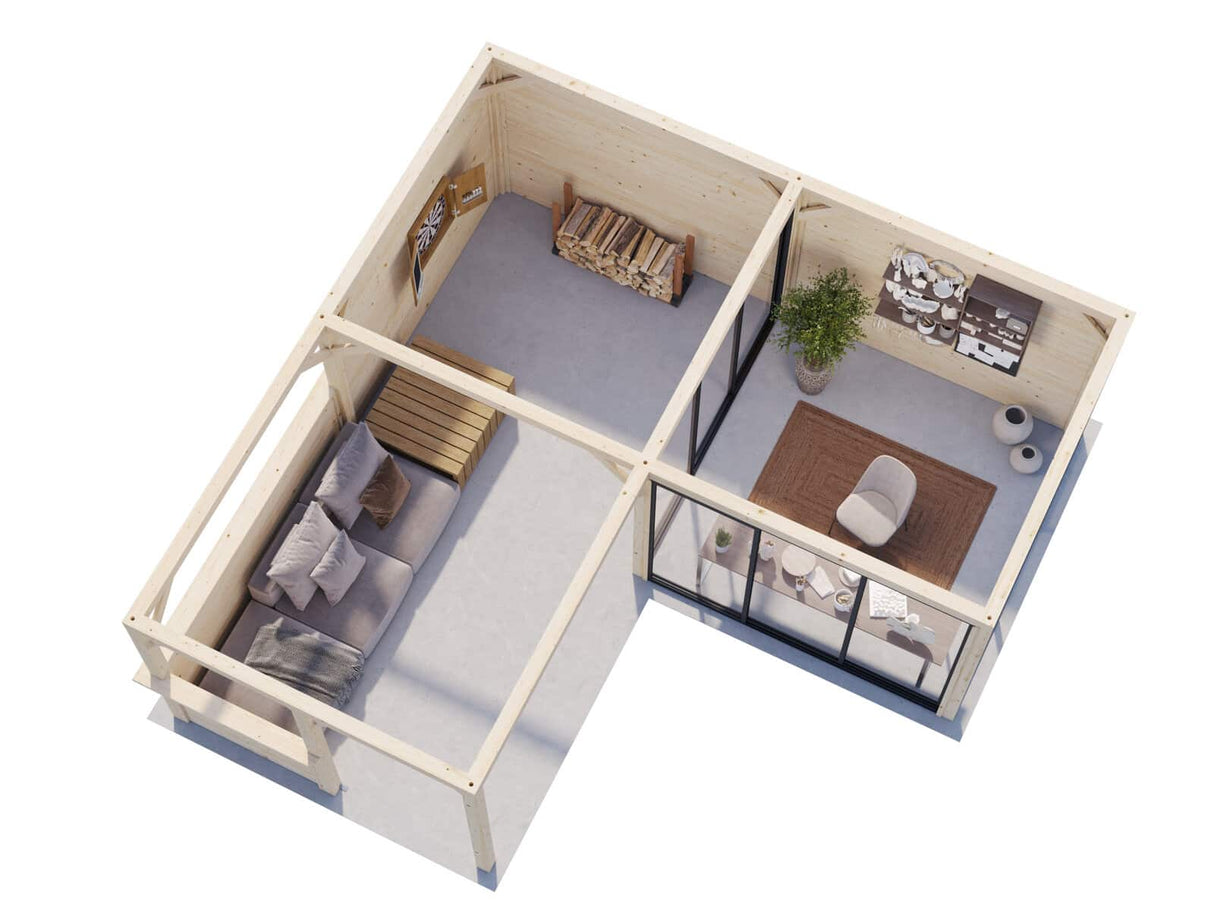 Bianca 210/510 (6x6m | 24,9m²) kulmapiharakennus isolla huvimajalla (saatavana tuplalasilla)