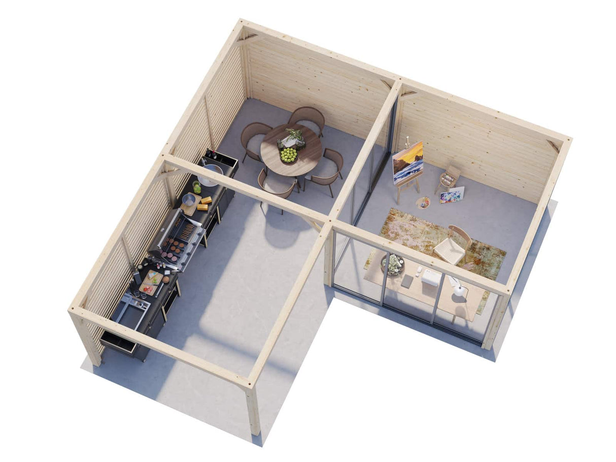 Bianca 211/511 (6x6m | 24,9m²) kulmakevytmökki liukuovilla ja sälekaihdinseinillä (saatavana tuplalasilla)