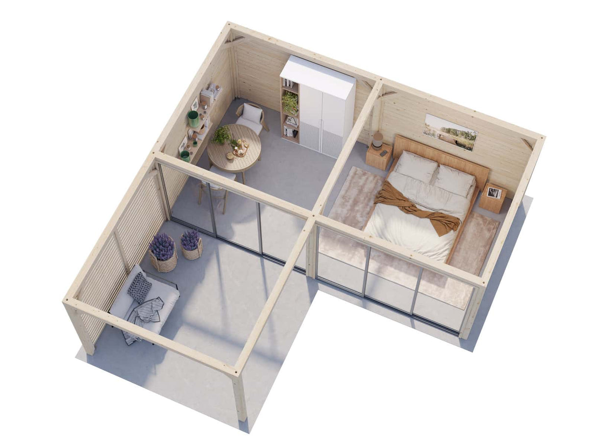 Bianca 213/513 (6x6m | 24,9m²) piharakennus liukuovilla (saatavana tuplalasilla)