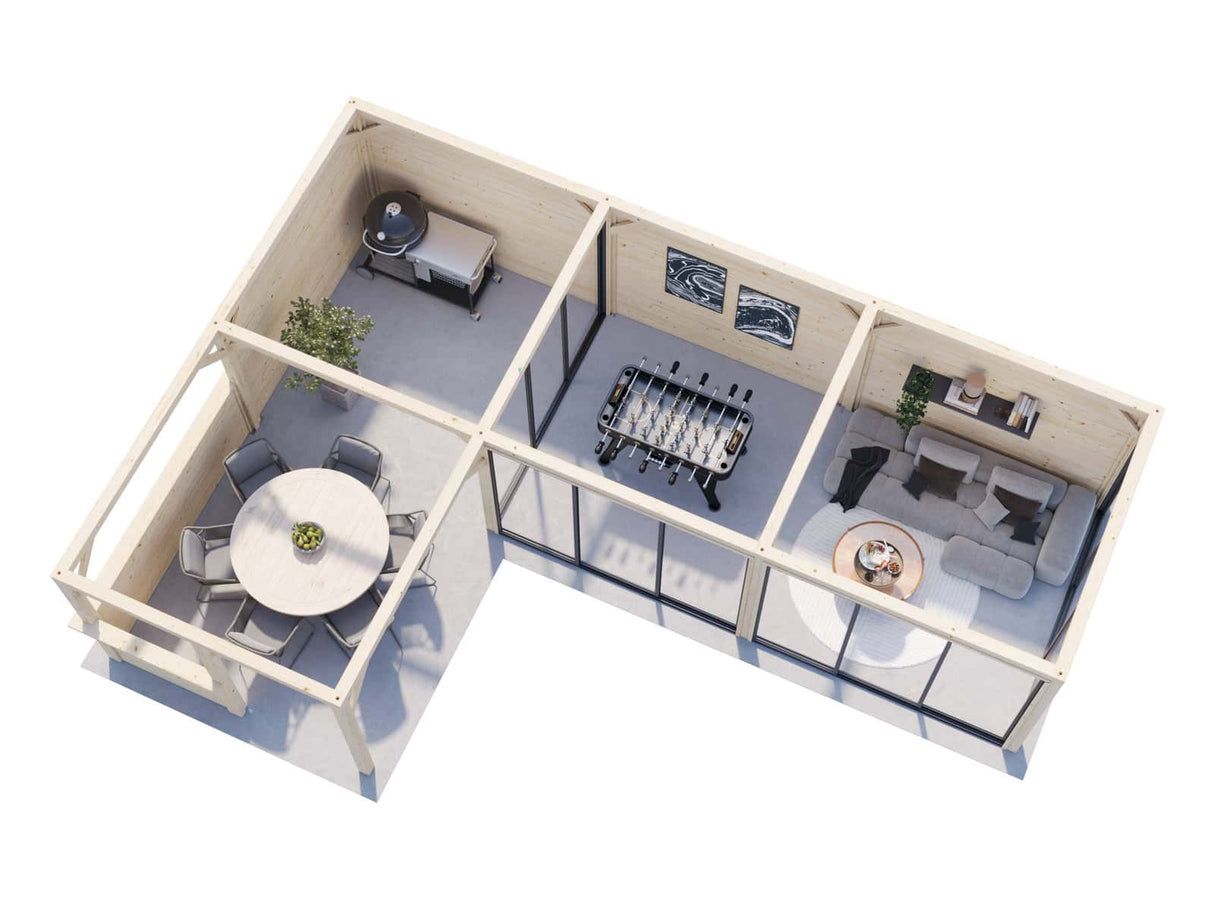 Bianca 221/521 (9x6m | 33,2m²) piharakennus liukuovilla (saatavana tuplalasilla)