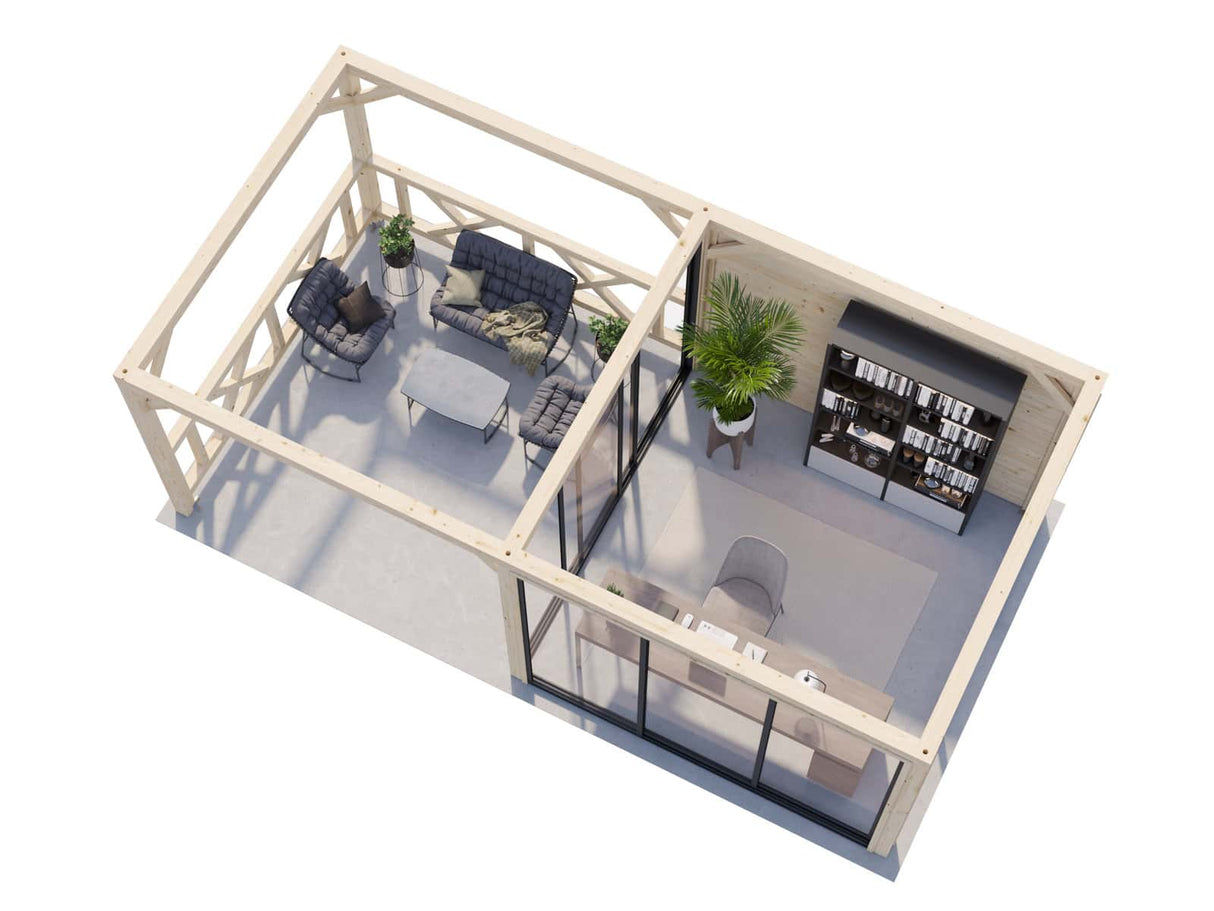 Lenna 404/704 (6x3m | 16,6m²) Lasinen piharakennus liukuovilla (Saatavana tuplalasilla)