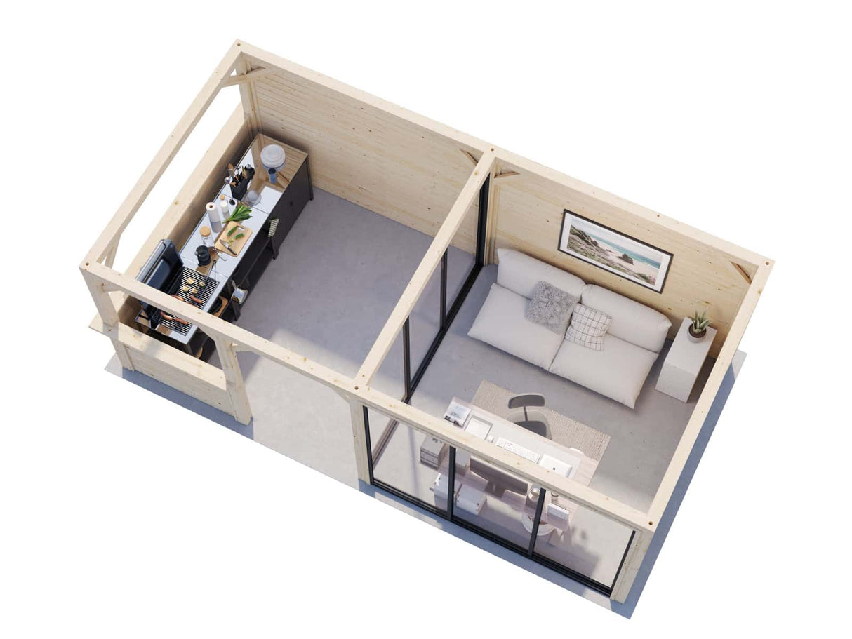 Lenna 407/707 (6x3m | 16,6m²) Lasinen piharakennus liukuovilla tuplalasilla)