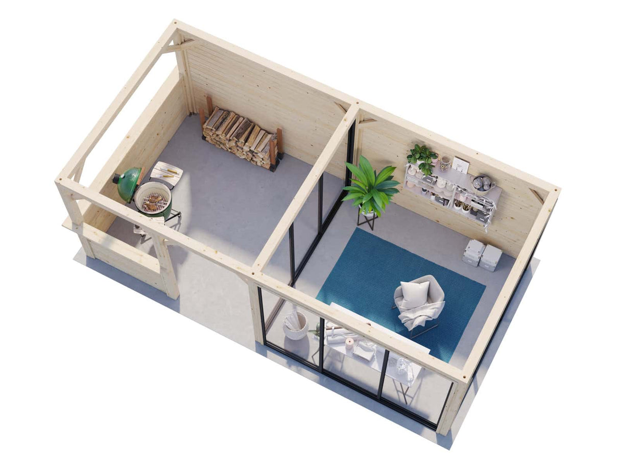 Lenna 408/708 (6x3m | 16,6m²) Lasinen piharakennus liukuovilla (Saatavana tuplalasilla)