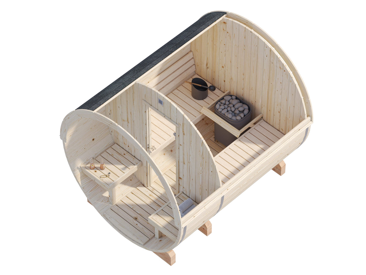 Anita M (2,2x2,5m | 1,3+0,7m² | 42mm) puinen tynnyrisauna