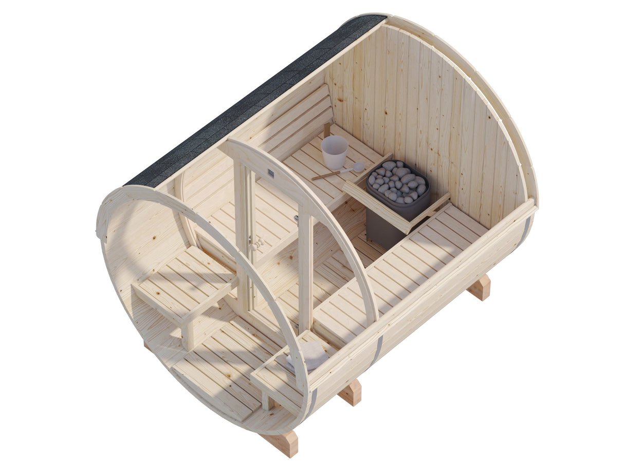 Anita M (2,2x2,5m | 1,3+0,7m² | 42mm) puinen tynnyrisauna lasiseinällä