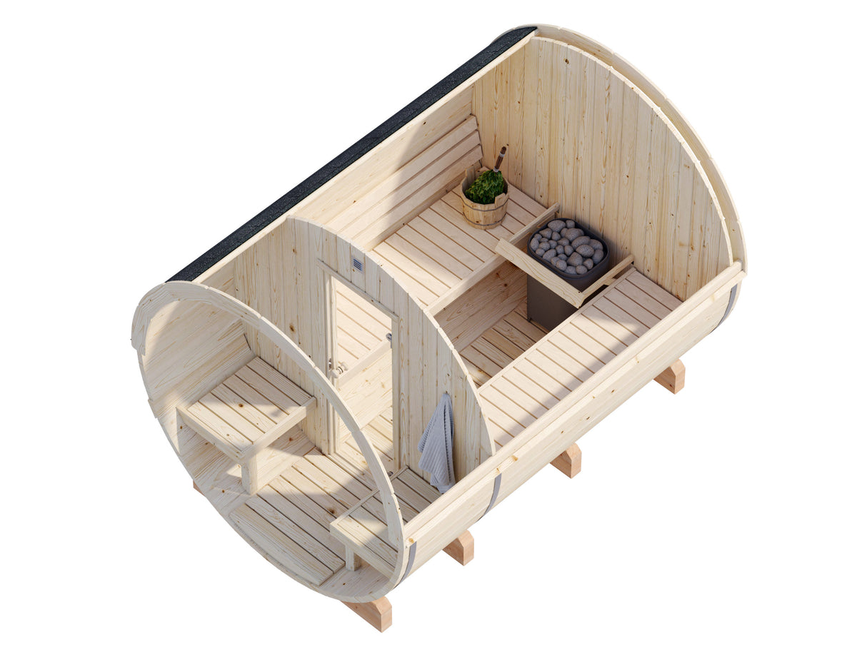 Anita L (2,2x2,9m | 1,6+0,7m² | 42mm) puinen tynnyrisauna