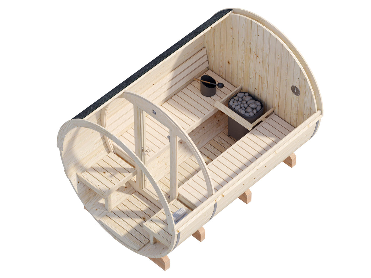 Anita L (2,2x2,9m | 1,6+0,7m² | 42mm) Puinen tynnyrisauna lasiseinällä