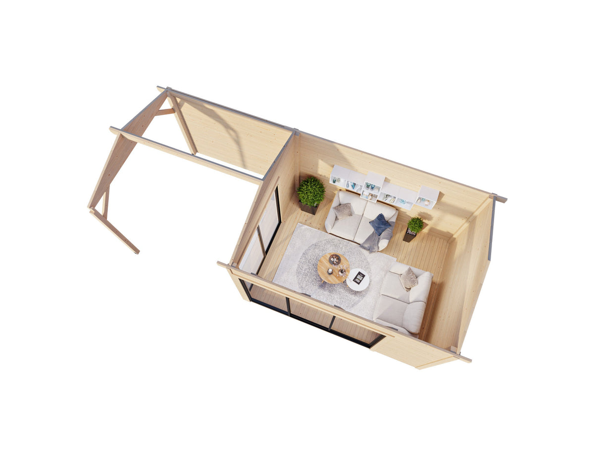 Amanda S+ (6,7x3m | 11,2+7,8 m2 | 44mm) Moderni vierasmaja katoksella ja liukuovilla (Saatavilla kaksoislasituksella)