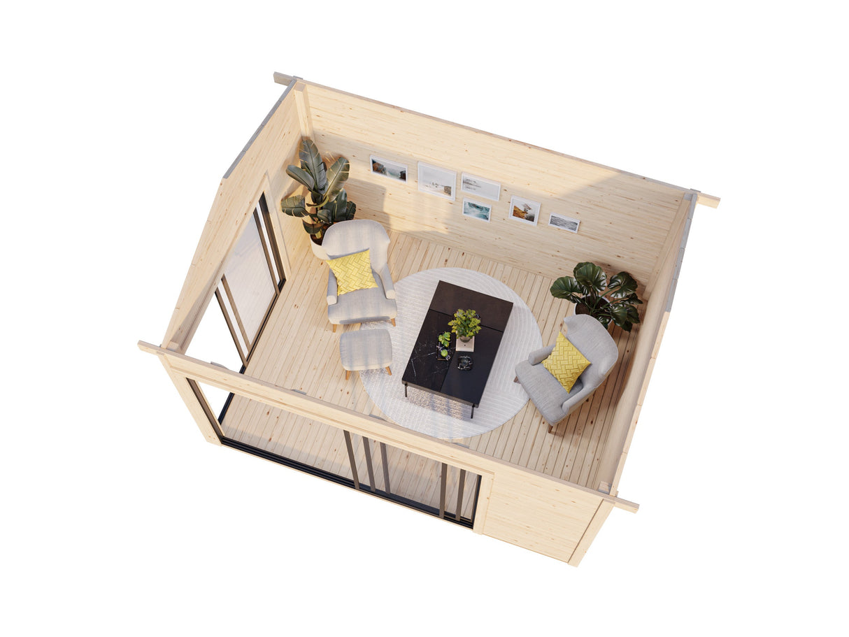 Amanda S (3,9x3m | 11,2m2 | 44mm)  pihamökki liukuovilla (saatavana kaksilasitus)