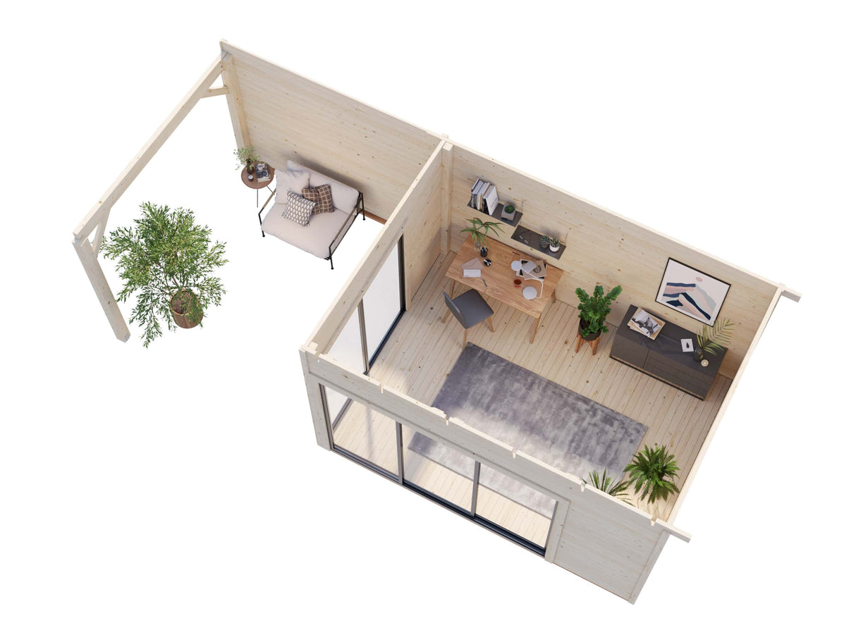 Andrea L (6,9x3m | 11,2+7,9m² | 44mm) piharakennus liukuovilla (saatavana kaksilasitus)