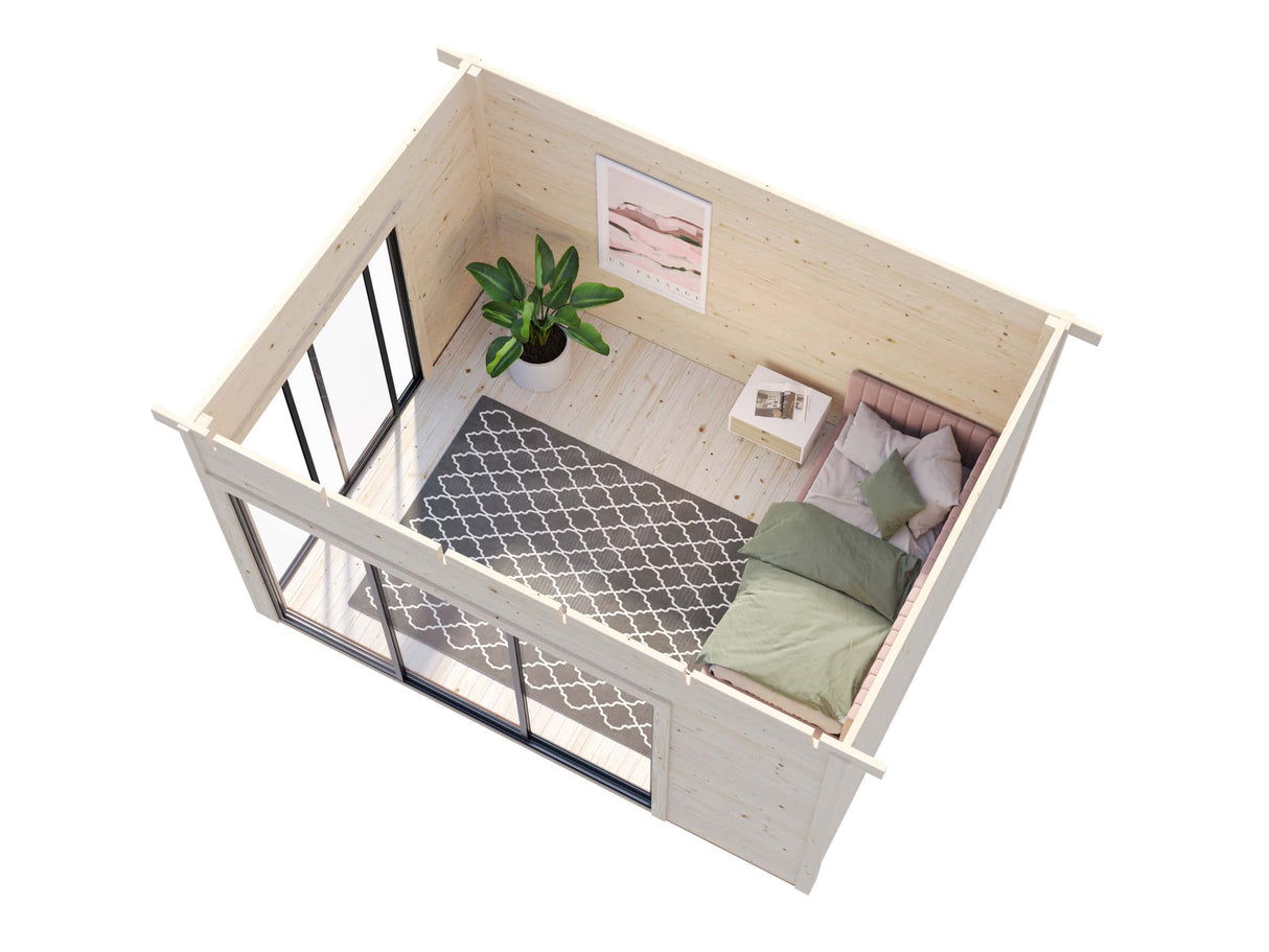 Andrea S (3,9x3m | 11,2m² | 44mm) moderni kulmakevytmökki liukuovilla (saatavana kaksilasitus)