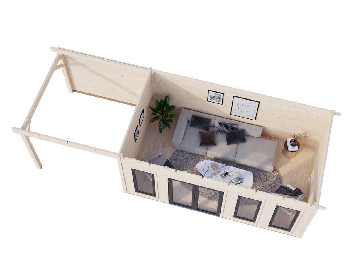 Aurelia L+ (8,3x3 m | 15,2 + 7,9 m² | 44 mm) Tilava moderni pihahuone katoksella