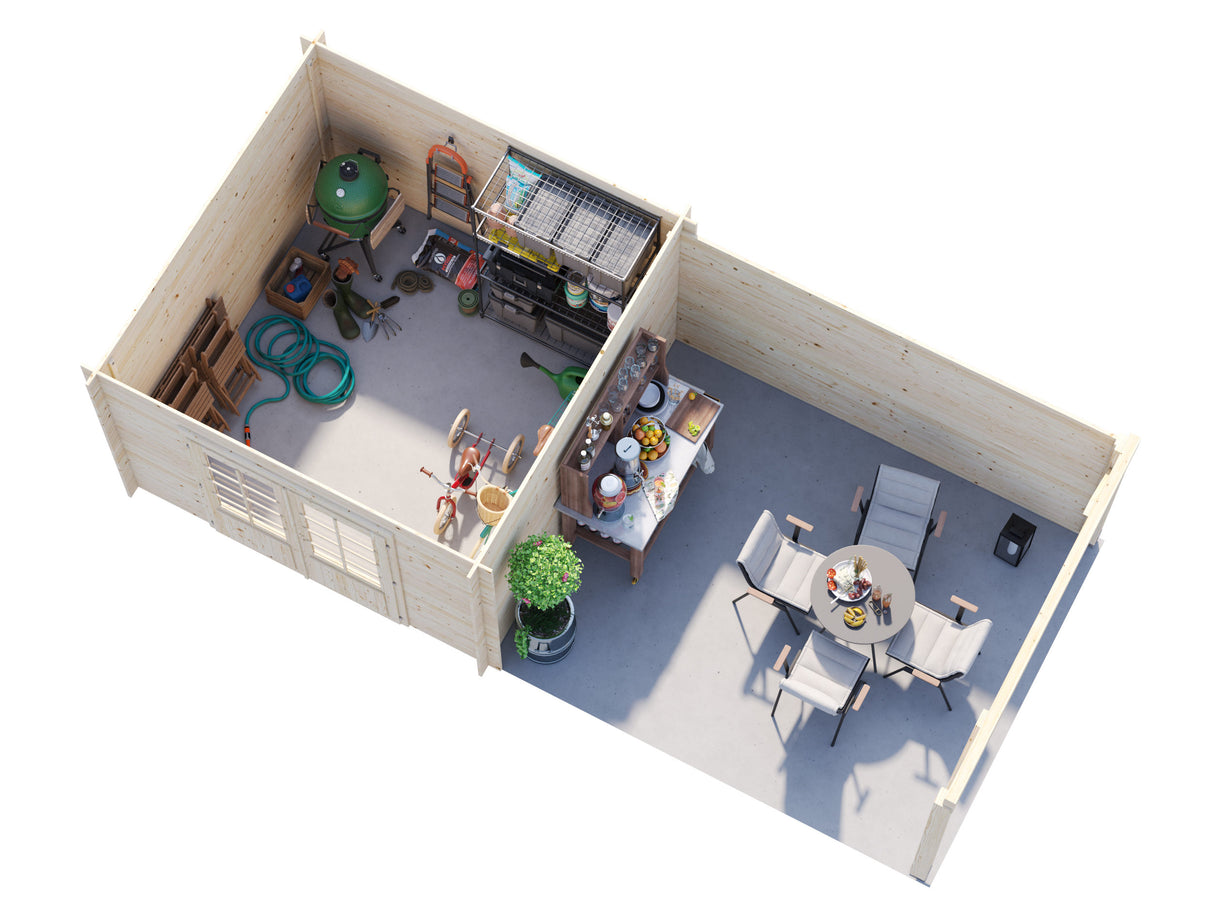 Ella (6,7x3,2m | 8,7+10,0m² | 28mm) Pulpettikattoinen kesämökki