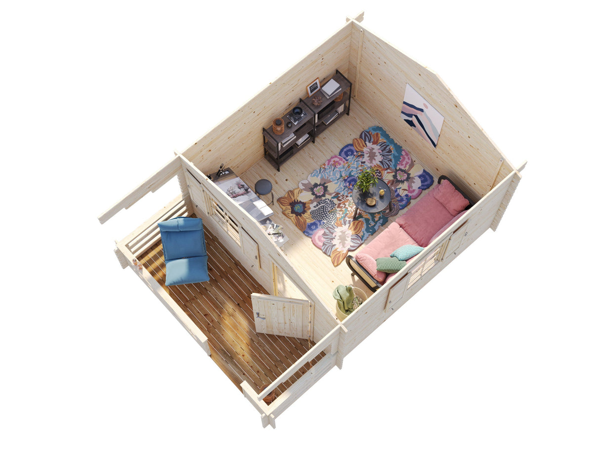 Emma L (3,5x3,5m | 10,4+4,2m² | 34mm) Alppityylinen pihamökki terassilla ja ikkunaluukuilla