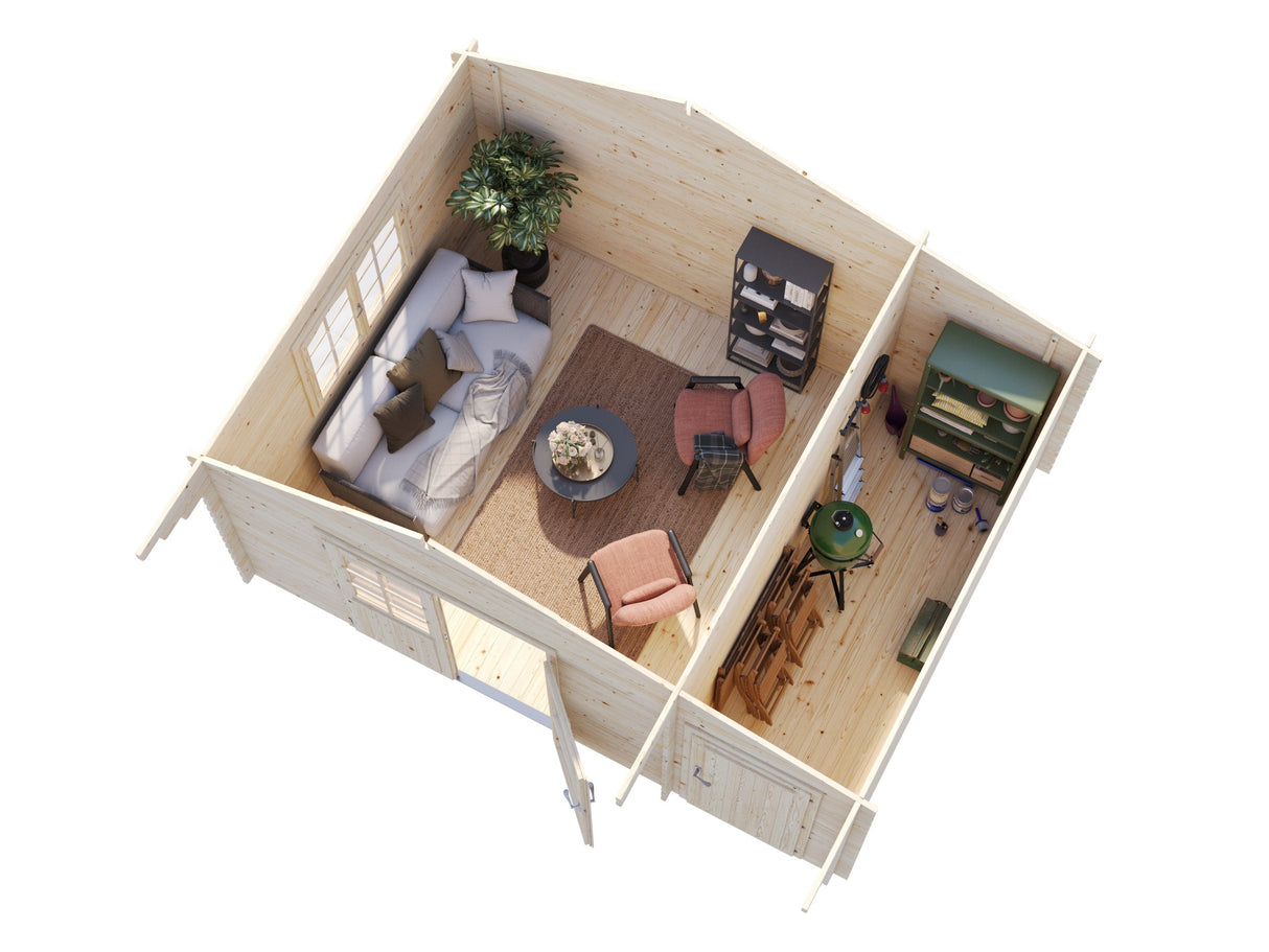 Emma XL (4,7x3,5m | 14,3m² | 34mm) Alppityylinen pihamökki sivuvarastolla