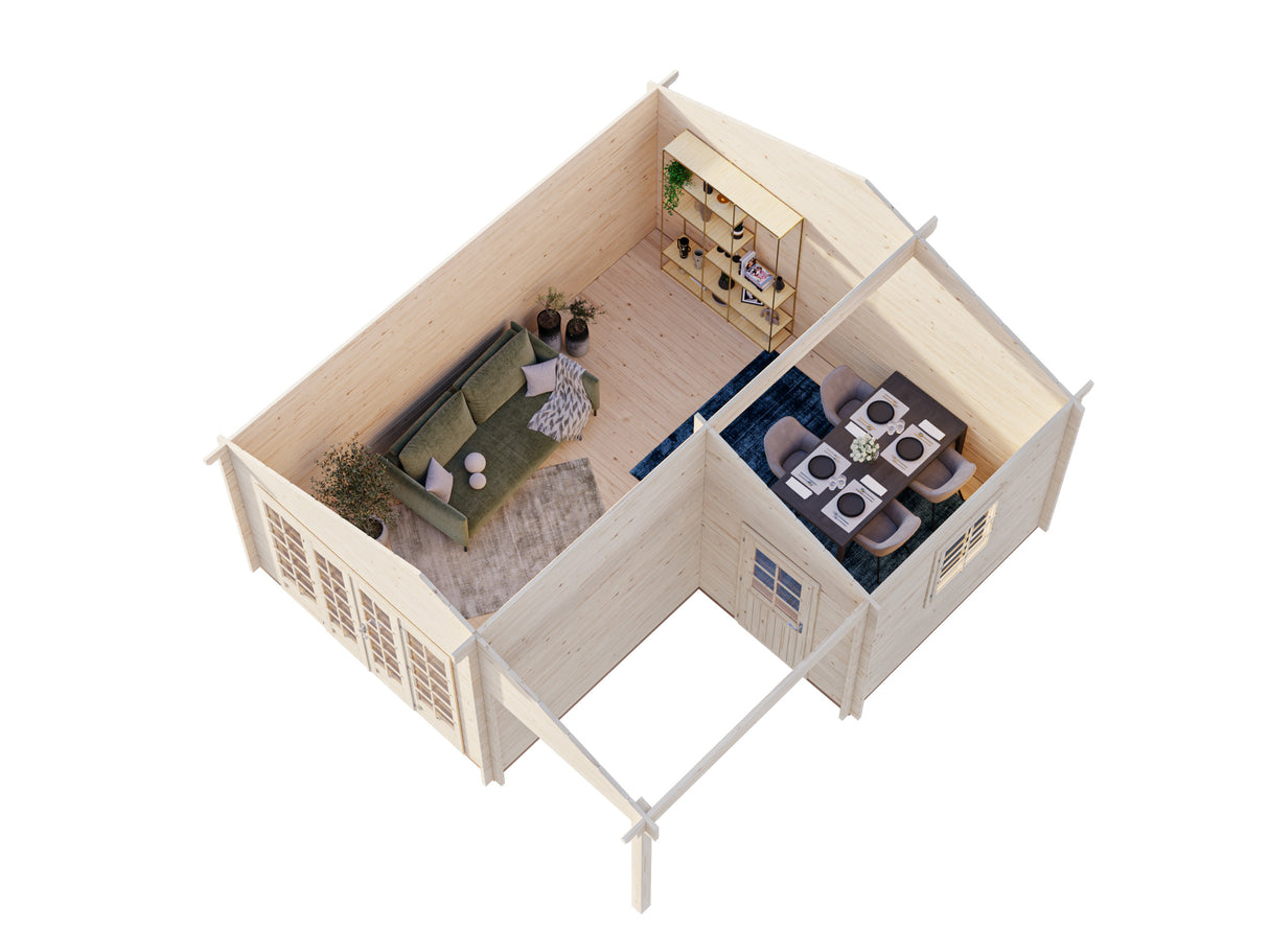 Irene XL (5,3x5,7m | 21,9+5,2m² | 44mm) Tilava kesämökki kuistilla