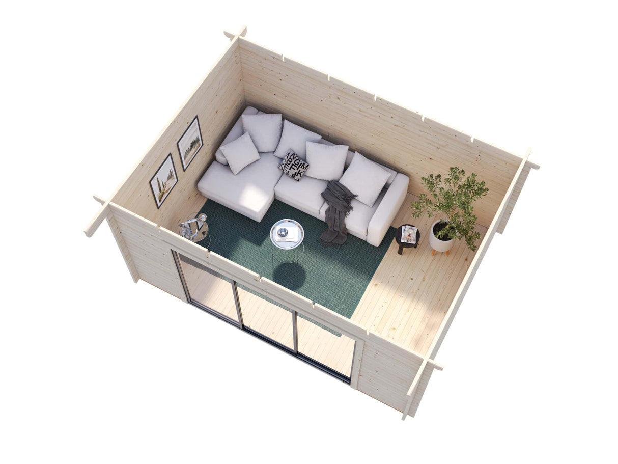 Lea M (4,5x3,3m | 14,2m² | 44mm) Tilava pulpettikattoinen piharakennus liukuovilla (saatavana tupla-lasillisena)