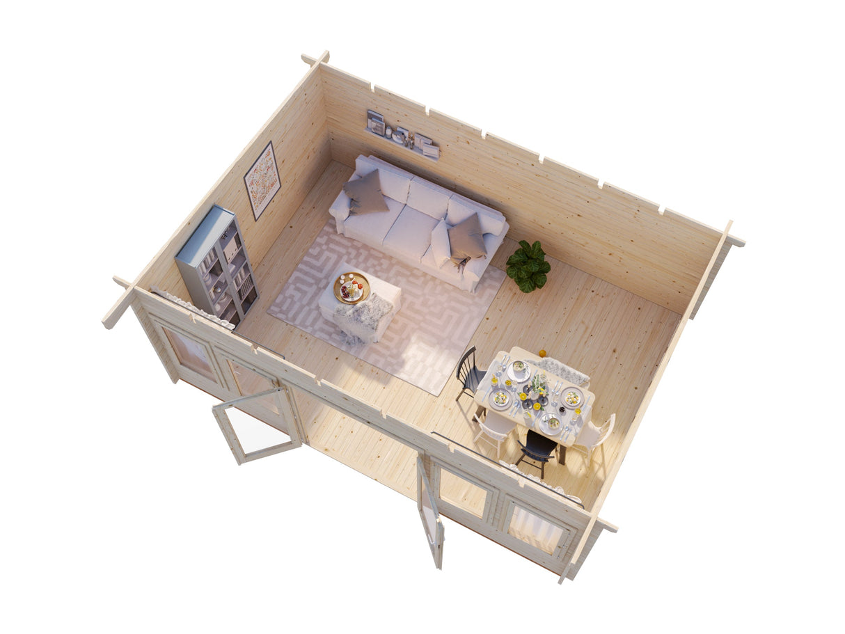 Lisa L (5,5x4m | 19,4m² | 44mm) Tilava pulpettikattoinen kesämökki kaksoisovilla (2024 päivitetty malli)