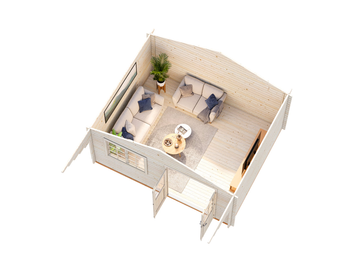 Sally L (4,7x3,8m | 15,5m² | 44mm) Moderni pihamökki harjakatolla