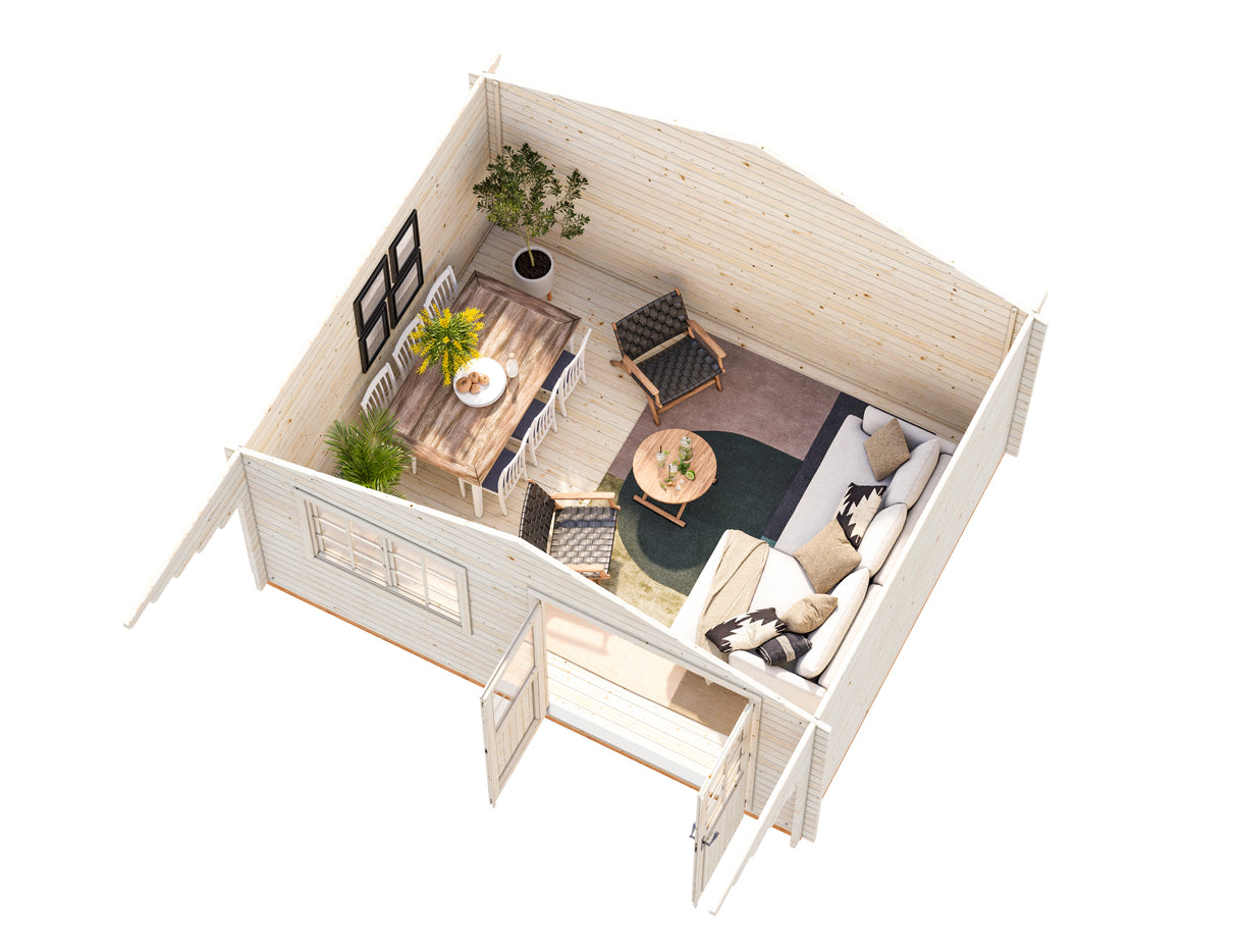 Sally XL (5,3x4,1m | 19,1m² | 44mm) Tilava pihamökki harjakatolla