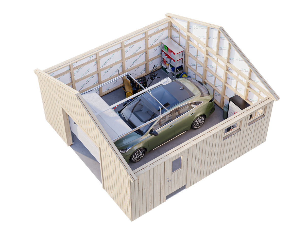 Andre M (5,6x5,8m | 28,5m²) iso hirsiautotalli nosto-ovella