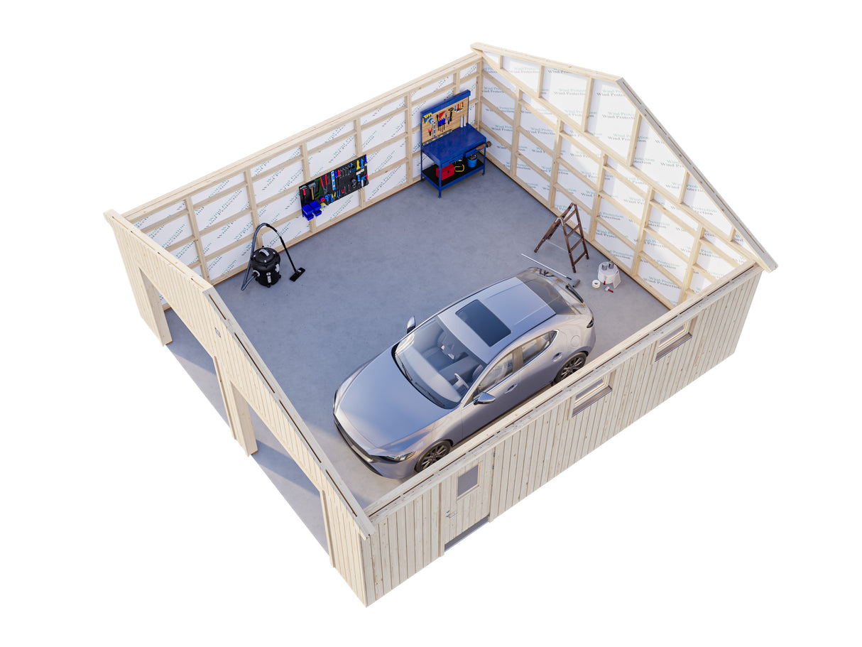 Andre L (6,7x7,4m | 44,7m²) iso tupla-autotalli nosto-ovilla