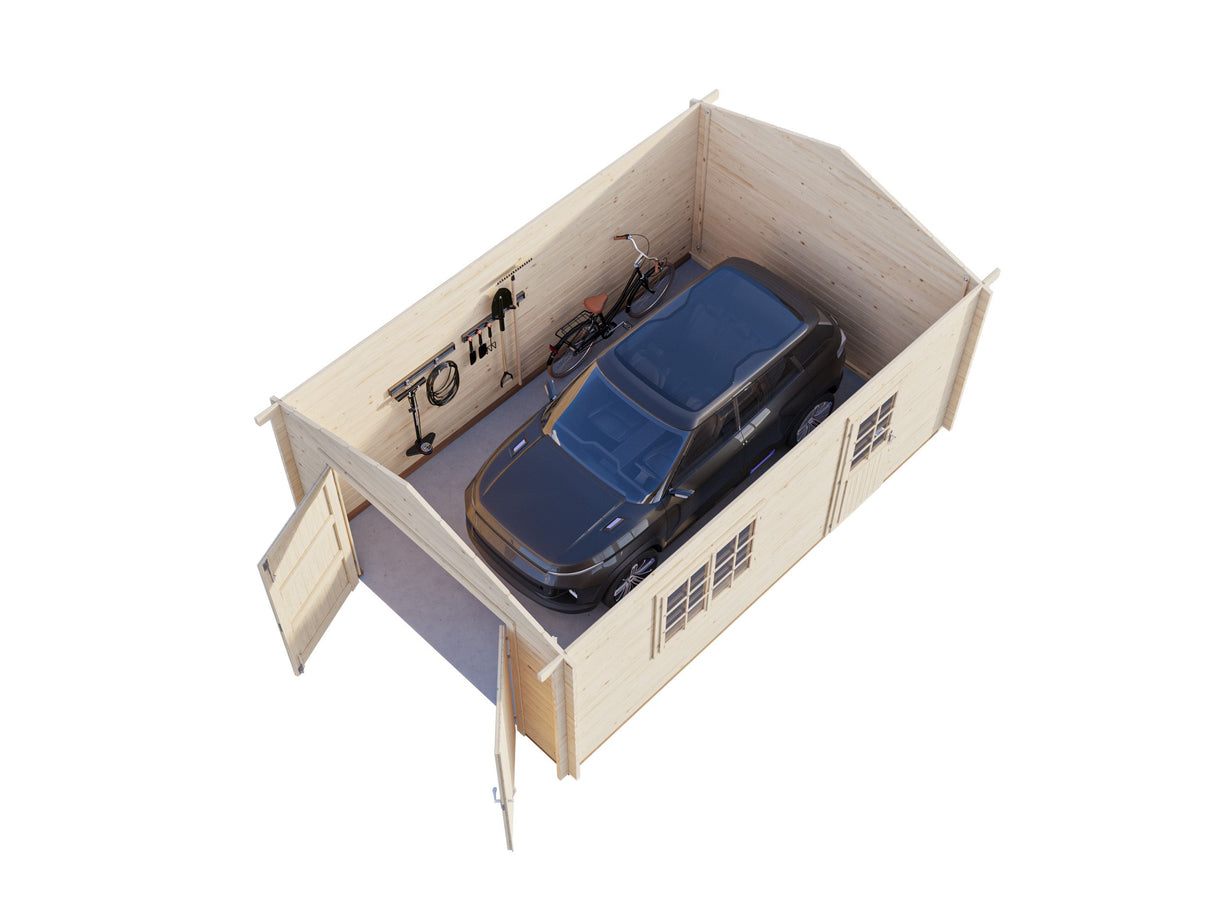 Roger XS (3,8x5,7m | 19m² | 44mm) Kompakti hirsiautotalli puuovilla