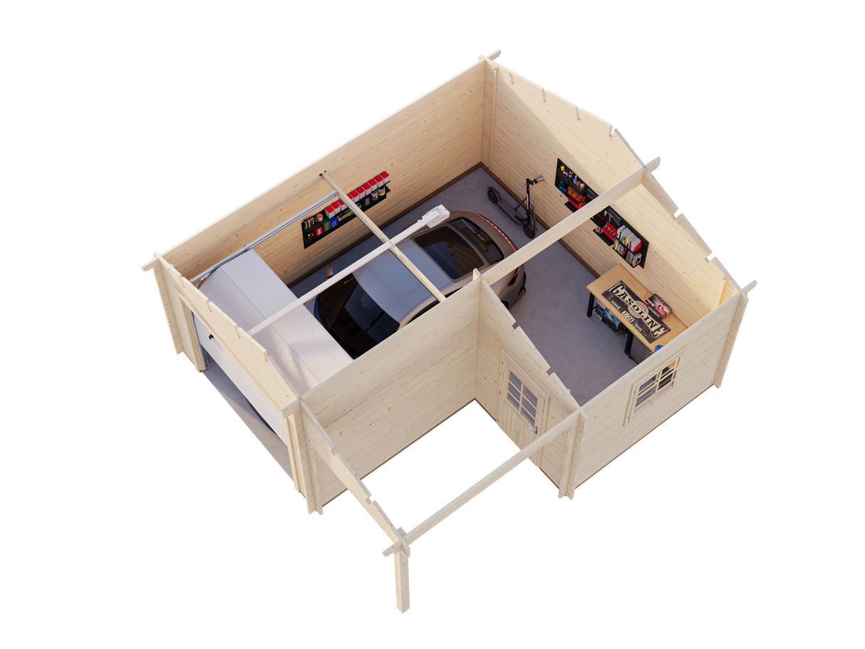 Roger M (5,3x5,7m | 21,9+5,2m² | 44mm) Autotalli nosto-ovella ja katoksella