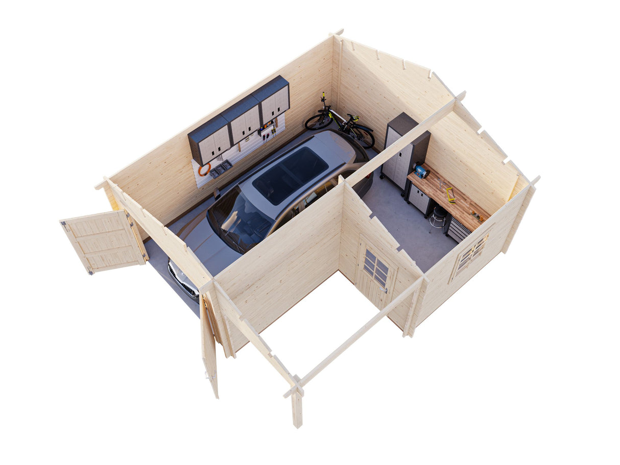 Roger M (5,3x5,7m | 21,9+5,2m² | 44mm) Autotalli puuovella ja katoksella