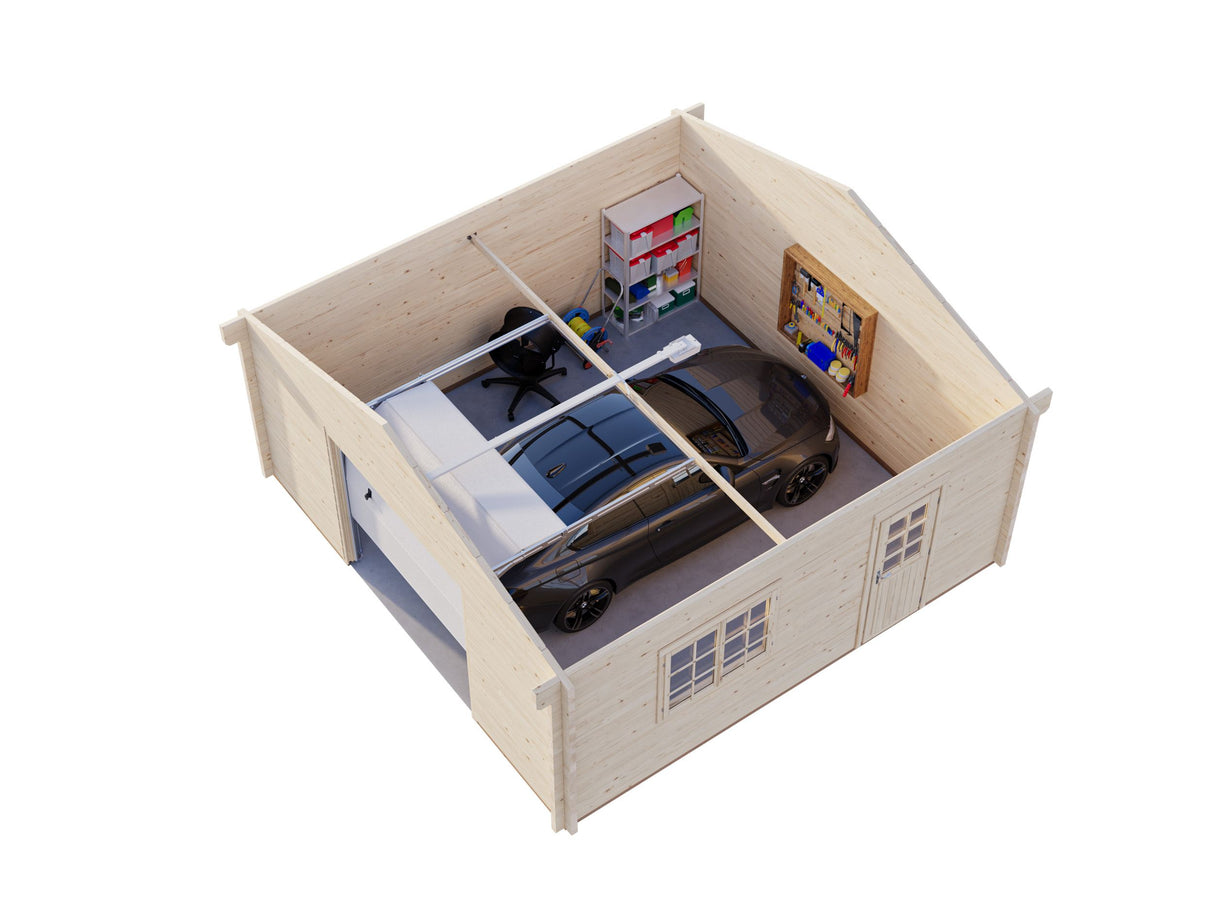 Roger L (5,6x5,6m | 27,7m² | 70mm) Tilava autotalli nosto-ovella