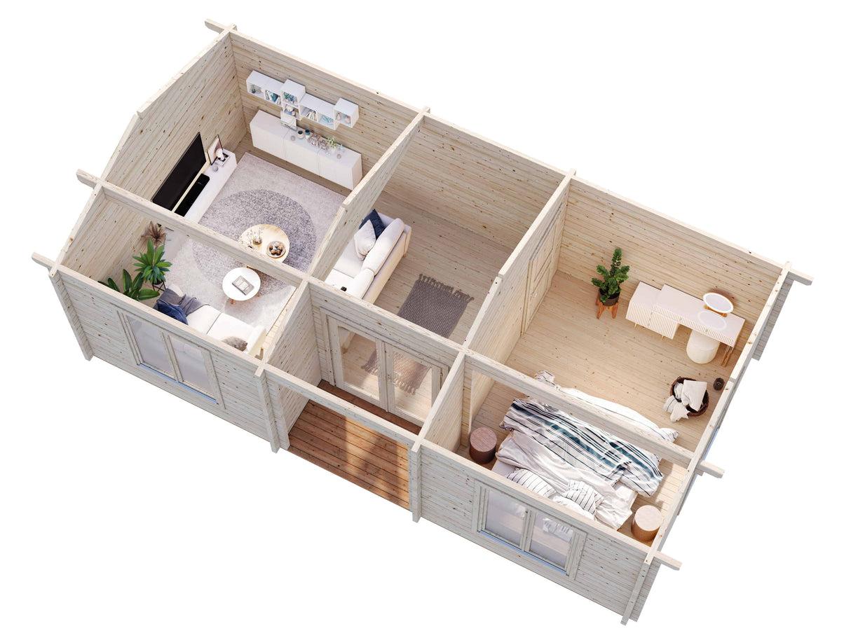 Anna M (7,7x4m | 26,8+1,9m² | 70mm) moderni kahden huoneen lomamökki