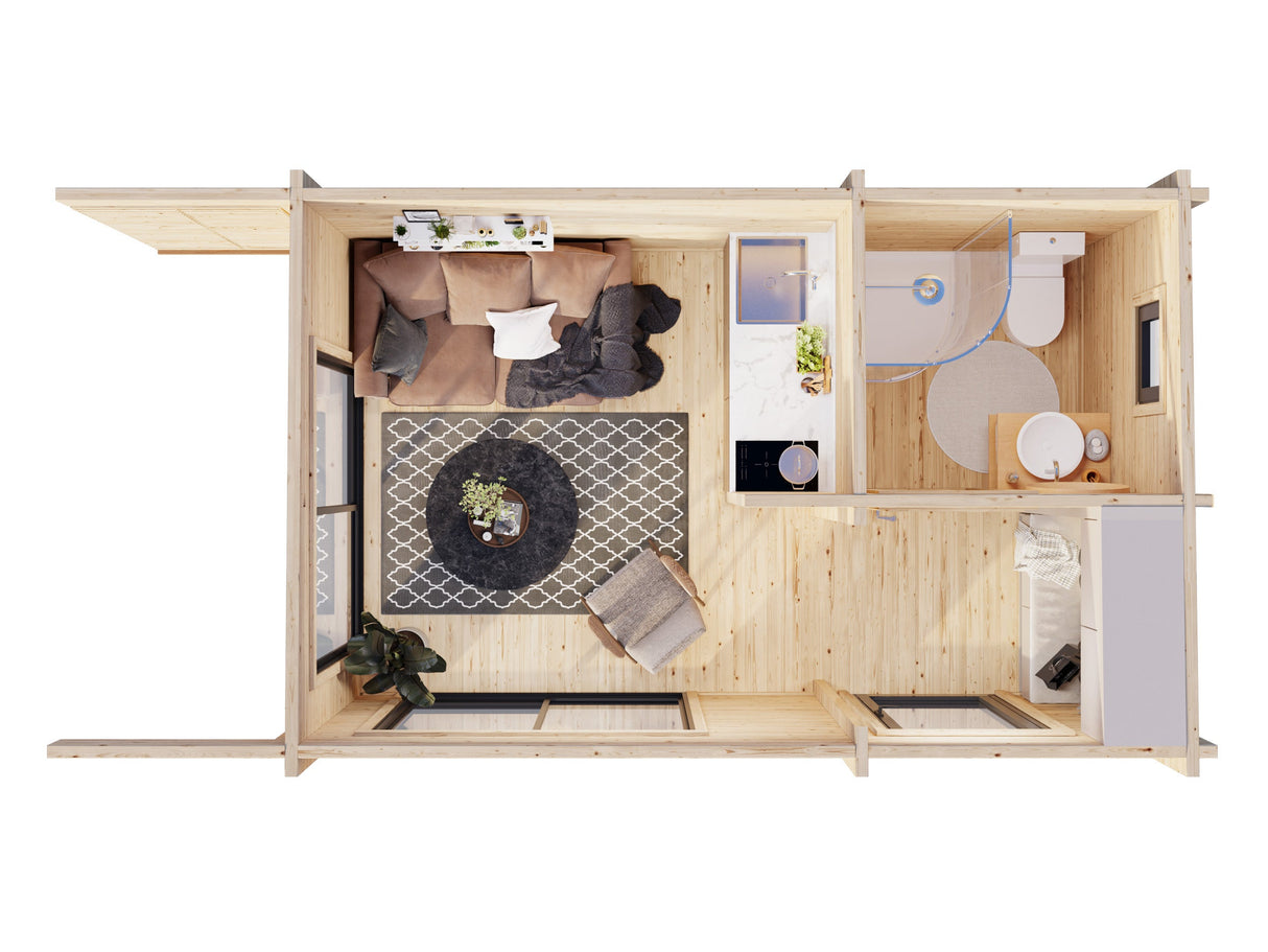 Cecilia S (5,2x3,3m | 14,2m² | 70mm) Kaksihuoneinen moderni kesämökki alumiiniovilla ja -ikkunoilla