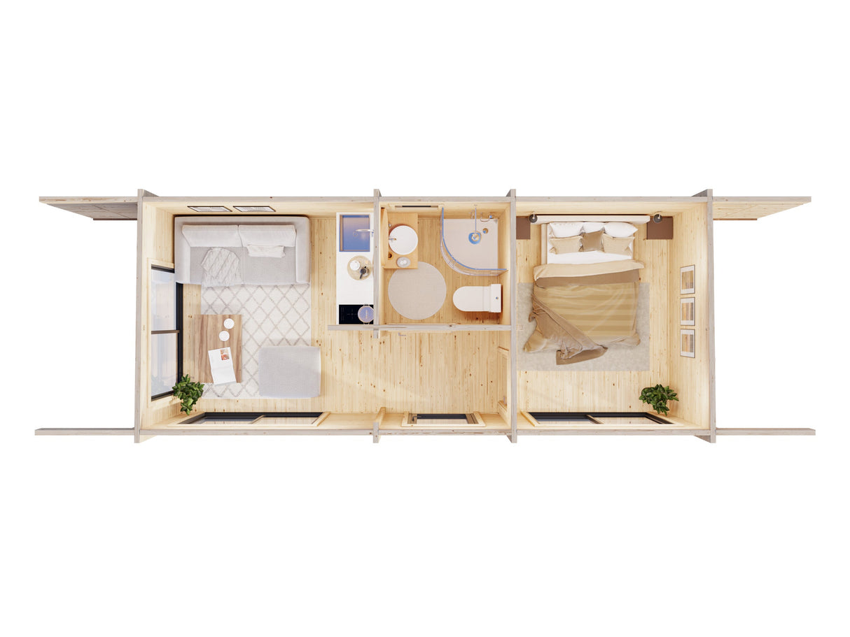 Cecilia M (7,8x3,3m | 21,8m² | 70mm) Kolmehuoneinen moderni kesämökki alumiiniovilla ja -ikkunoilla