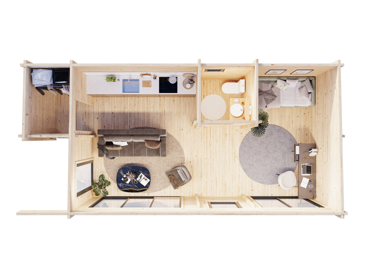 Cecilia XXL (9,1x4,4m | 32m² | 70mm) Tilava 3-huoneinen moderni kesämökki alumiiniovilla ja -ikkunoilla