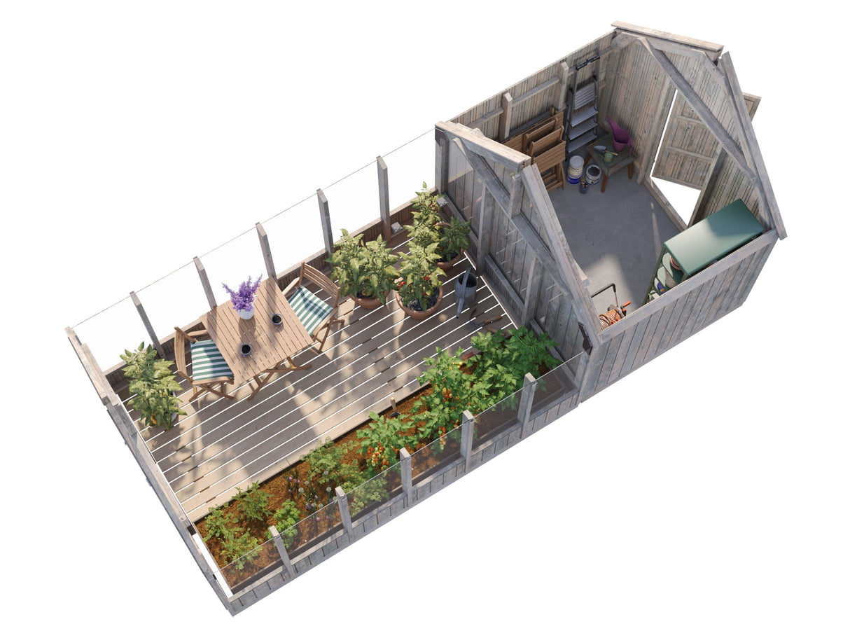 Emilia M+ (2,4x5,5 m | 8,2 + 4,0 m² | 18 mm) Kasvihuone ja työkaluvaja – painekyllästetty