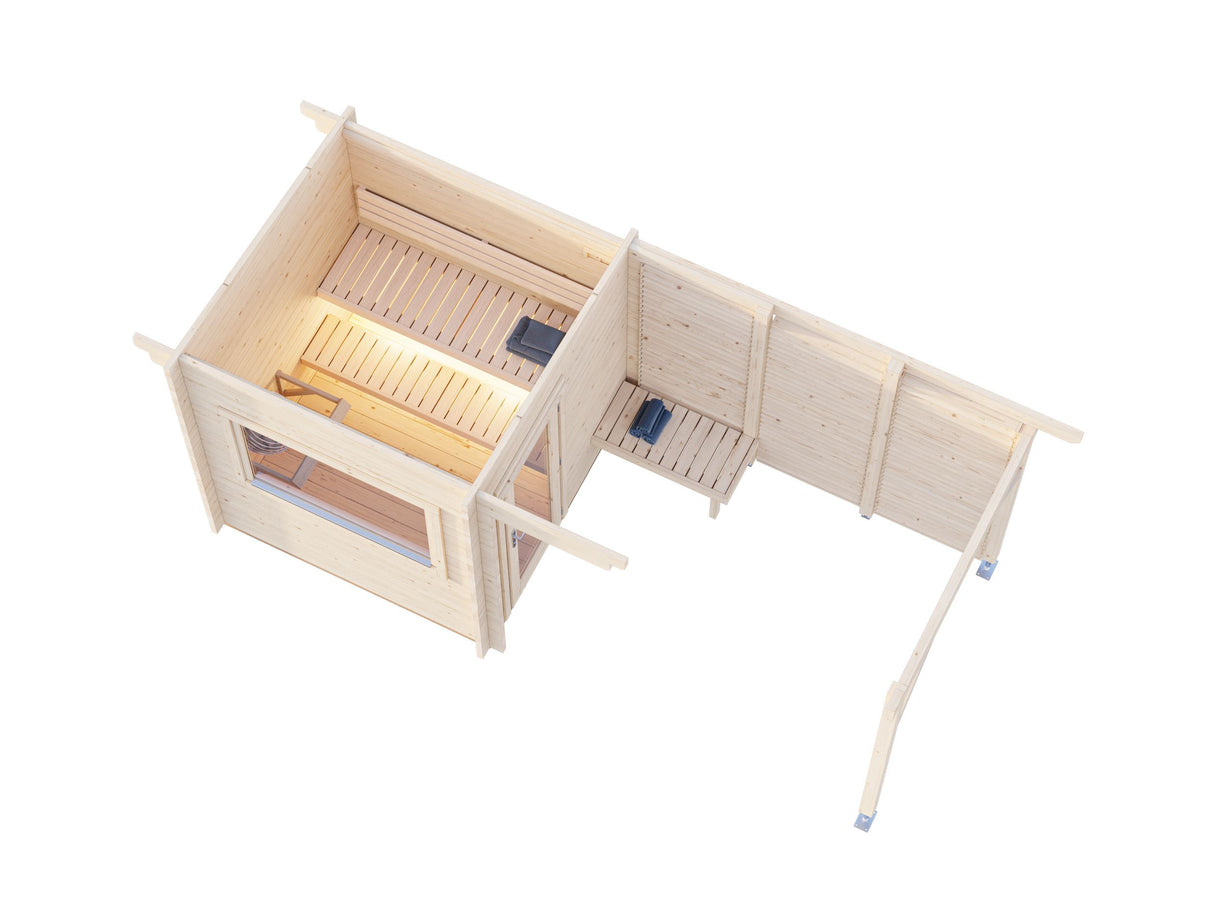 Sanna S+ (5,1x2,3m | 4,1+5,9m² | 44mm) Moderni pihasauna katoksella